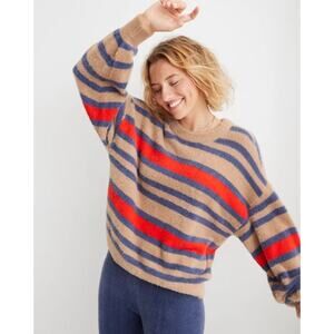 Aerie Cozy Flurry Crew Sweater Tan Navy Red Soft Knit Pullover Striped Sz Large